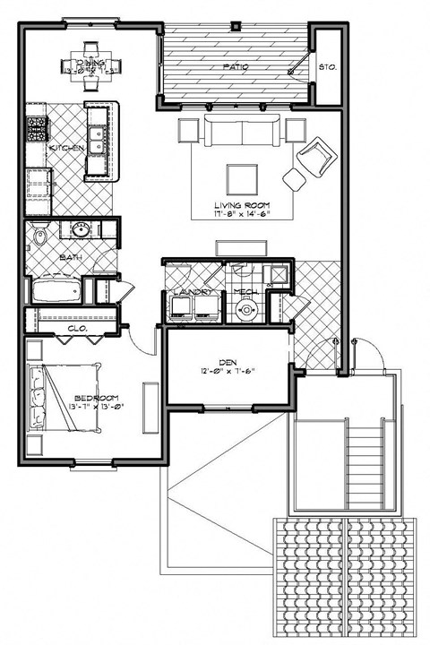 Floor plan for 1 bed, 1 bath, 1062 sqft